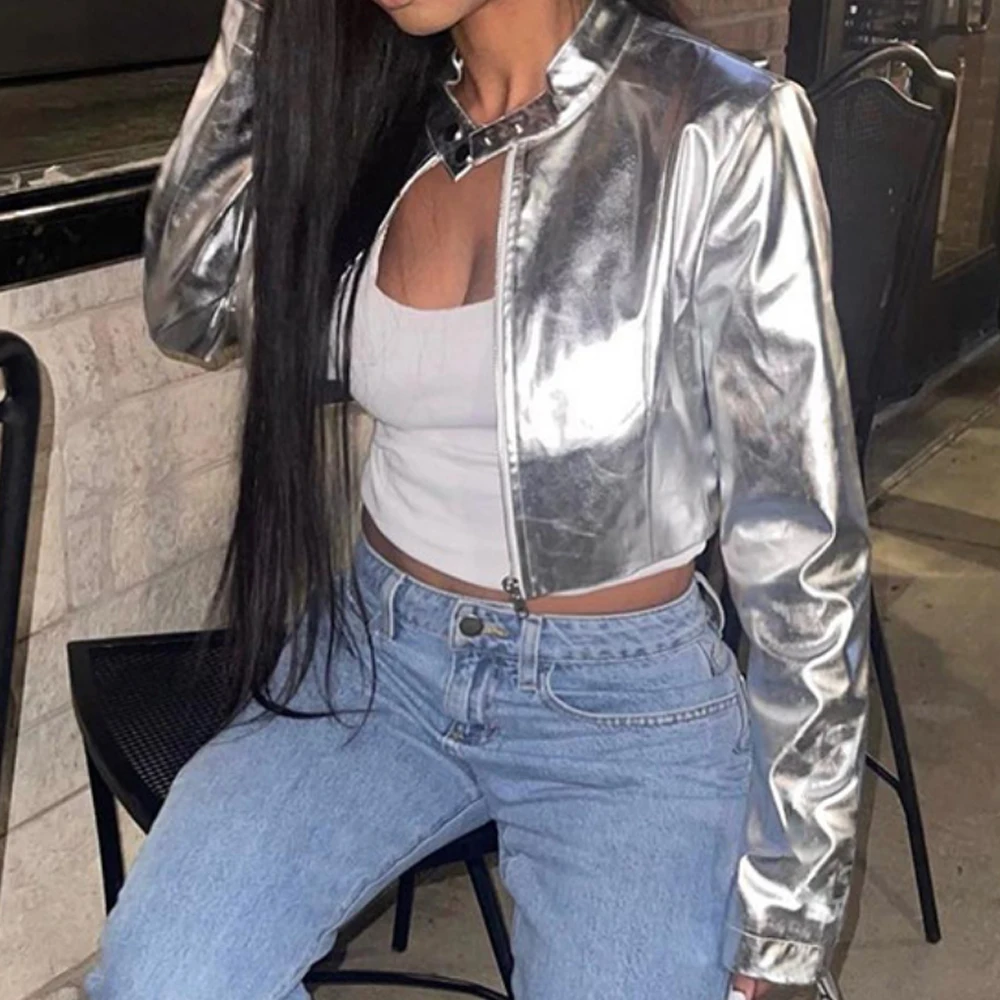

Women Shiny PU Leather Jacket Stand Collar Zip Up Short Coat