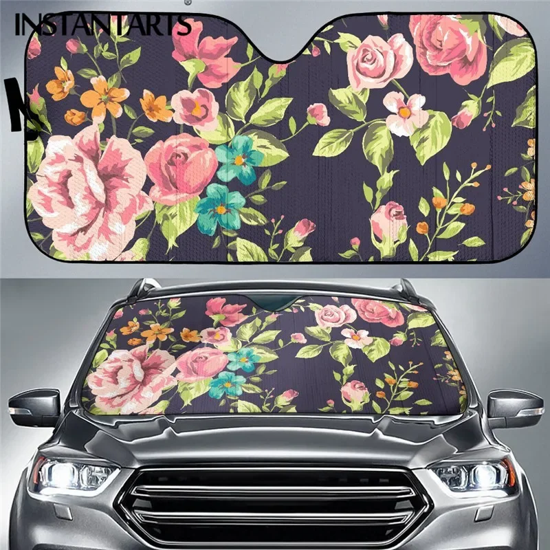 INSTANTARTS Black White Rose Floral Pattern Print Car Sun Shade Vintage Rose Universal Car Windshield Cover Interior Accessories