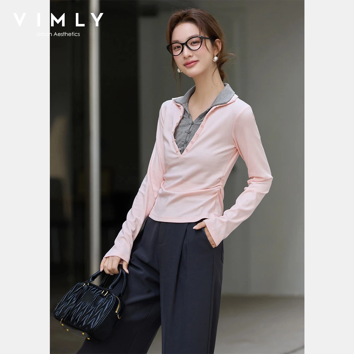 

VIMLY Women's Color Block Fake Two-Piece T-shirt 2026 Spring New Lapel Collar Ruched Waist Versatile Knit Long Sleeve Top A5162