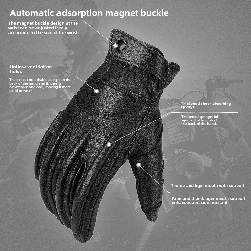 Retro Motorcycle Gloves Real Leather Full Finger Black Yellow Men Women Protective Gear Motorbike Glove Touch Screen Guante Moto - Image 5