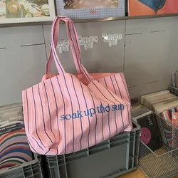 Cross border Fashion Stripe Handbag Letter Printing Single Shoulder Bag Casual Extra Large Capacity Handheld Shopping Bag