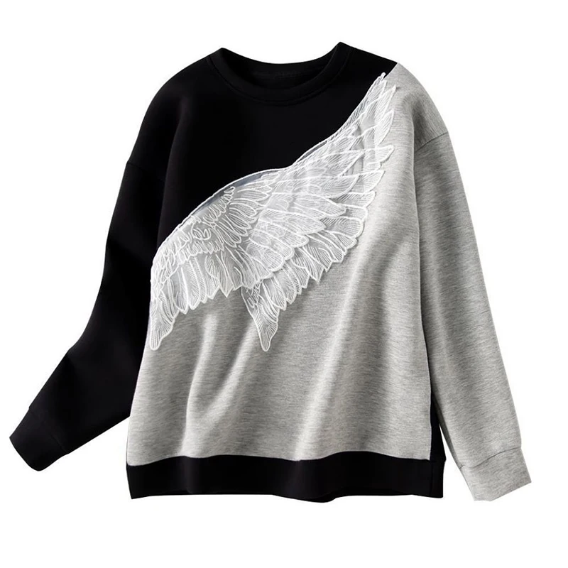 Spring Autumn O Neck Feather Embroidery Patchwork Loose Casual Jumper Top Women Long Sleeve Simple All-match Pullover Sweatshirt