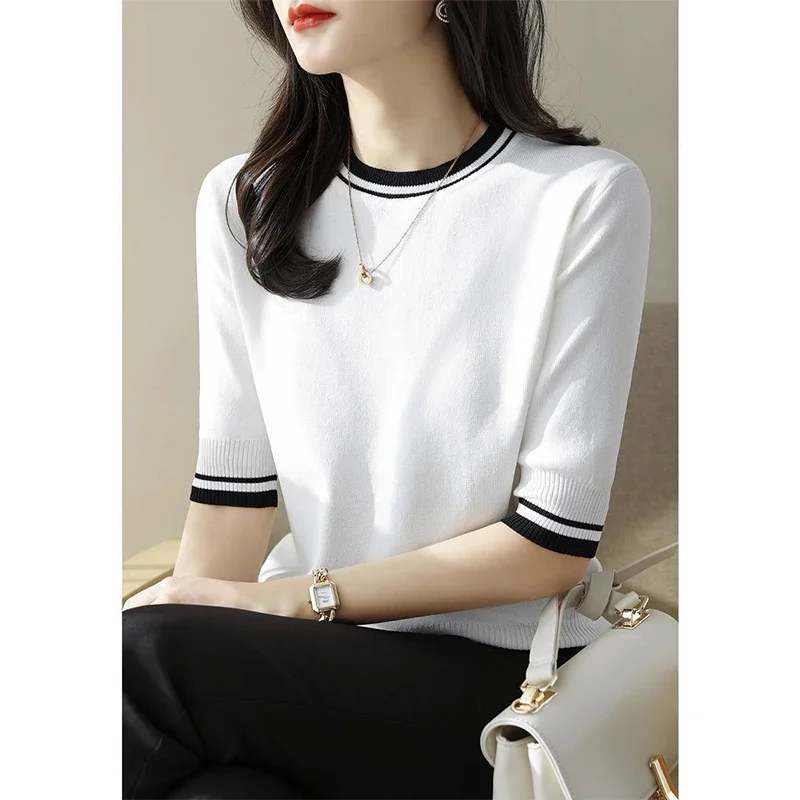 Summer O Neck Patchwork Knitting Pullover Top Women Short Sleeve Casual Fashion Simple Tees Female Loose All-match T-shirt B72