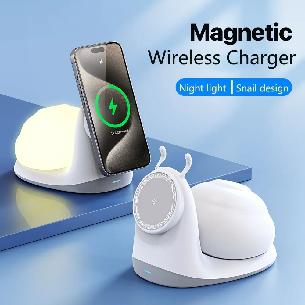 

15W Creative Wireless Magnetic Charger Table Desk Phone Holder 15W Fast Charging Snail Night Light for IPhone13 14 15 16 Samsung