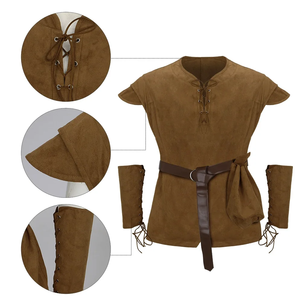 Men's Medieval Lace Up Tunic Shirt Renaissance Viking Pirate Costume Long Sleeve Retro Tops with Belt for Halloween Cosplay - view 3