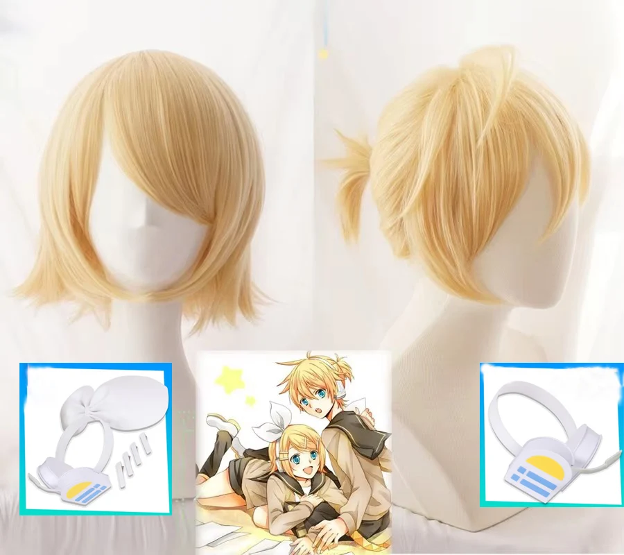 Rin / Len Kurzes blondes hitzebeständiges Haar Cosplay Kostüm Perücke + Spur + Perückenkappe