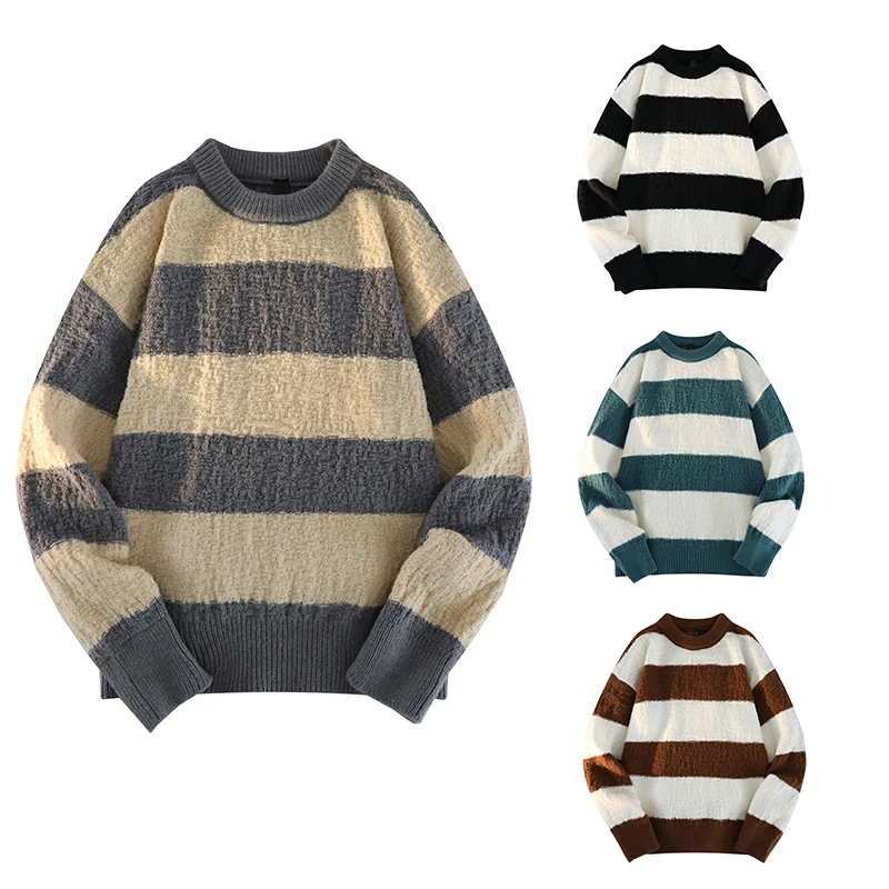 

Men's Autumn Winter Round Neck Striped Knitted Pullovers Sweater High Quality Sweat-Shirt Harajuku Fashion Vintage Slim Unisex