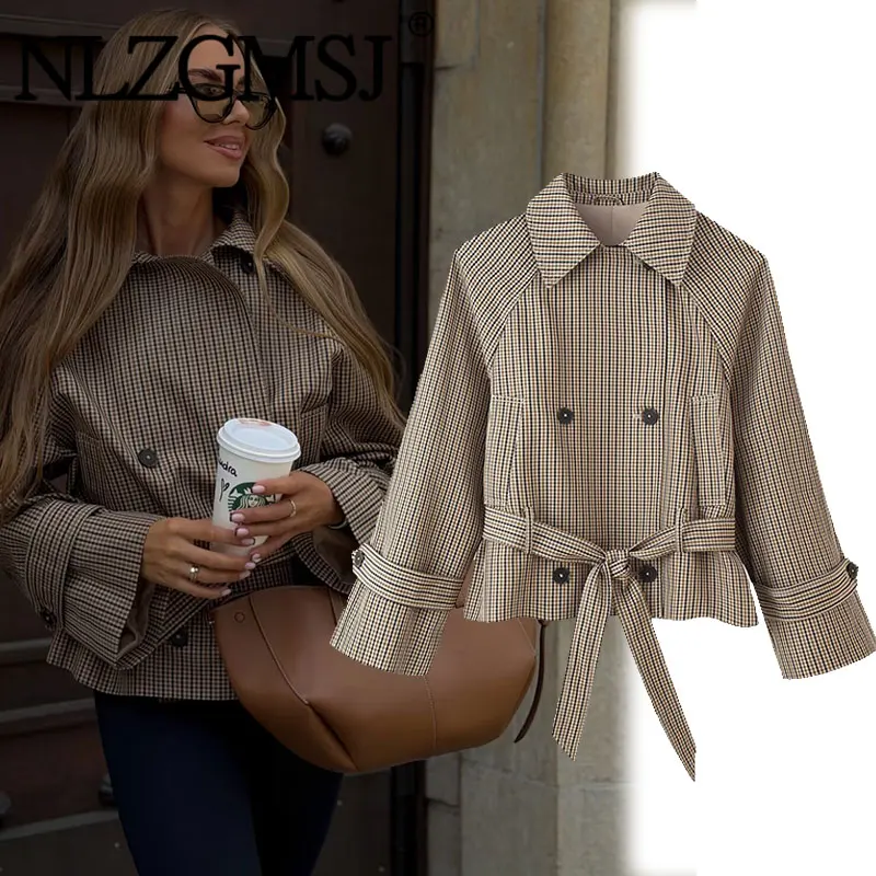 Nlzgmsj 2026 Autumn  Women Plaid Cropped Trench Coat Double Breasted Turn Down Collar Belted Waist Windbreaker Casual Outerwear
