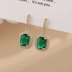 White Green Square Rhinestones Dangle Earrings for Women Temperament Geometry Crystal Drop Earrings Elegant Party Jewelry Gifts