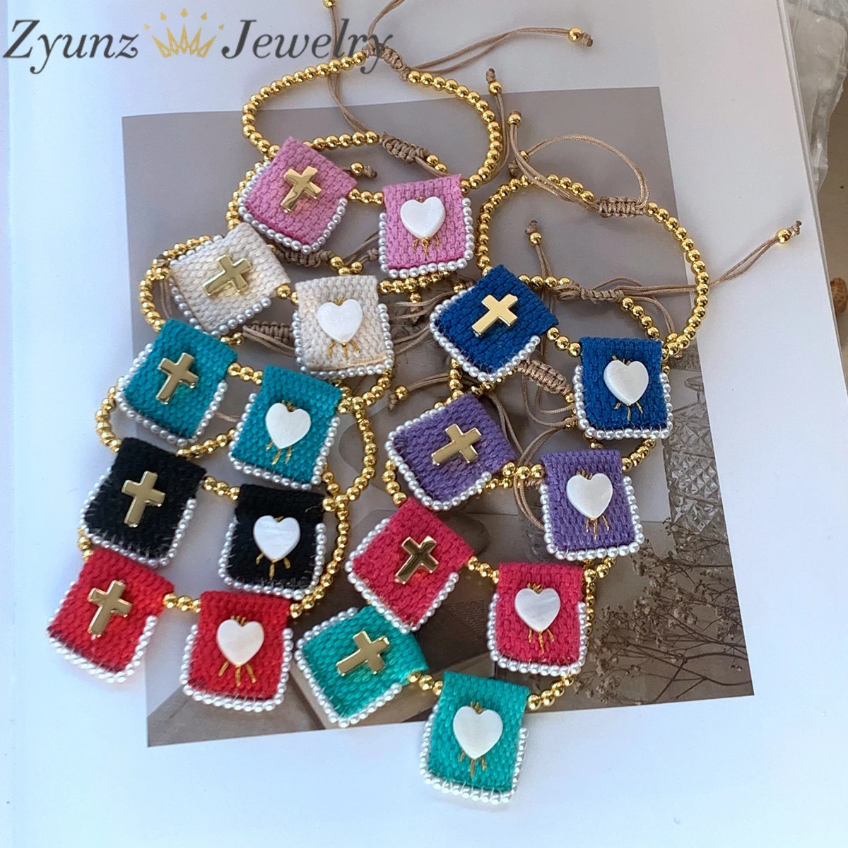 5PCS, Handmade Fashion Colorful Woven Rope Women Heart Cross Charm Bracelets Adjustable Pearl Jewelry Holiday Party Gift