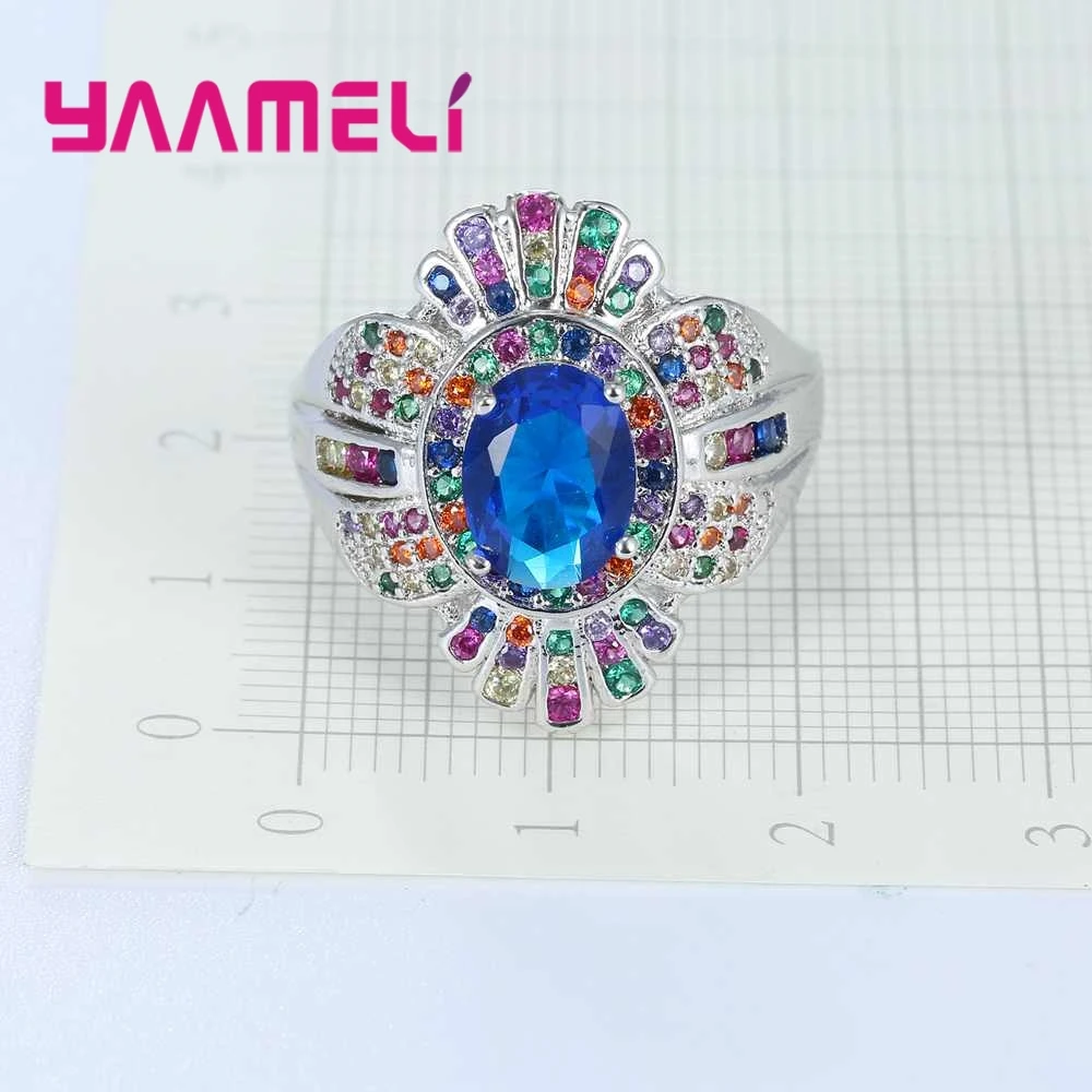 Luxury Elegant Blue Flowers Crystal Embellishment Stone Ring Party Accessories 925 Sterling Silver For Thanksgiving