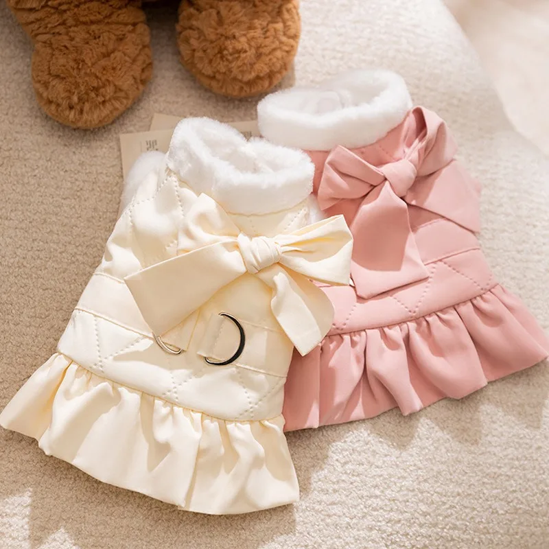 

Japanese Dog Clothes Cute Wind Dress Pet Winter Clothes Thickened Warm Cotton Clothes Teddy Solid Color Two-Legged Clothes