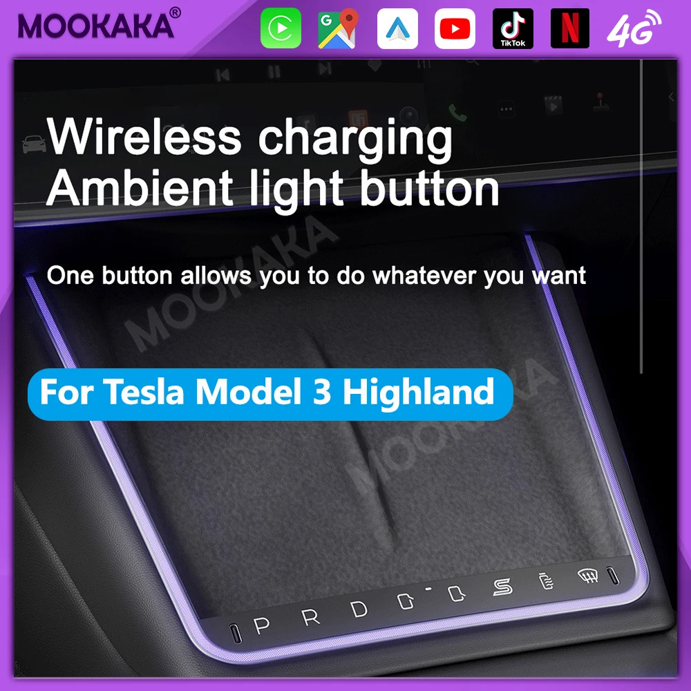 

Беспроводная зарядная док-станция для Tesla Model 3 Highland с окружающим освещением, умная кнопка, аксессуары для контроллера центральной консоли