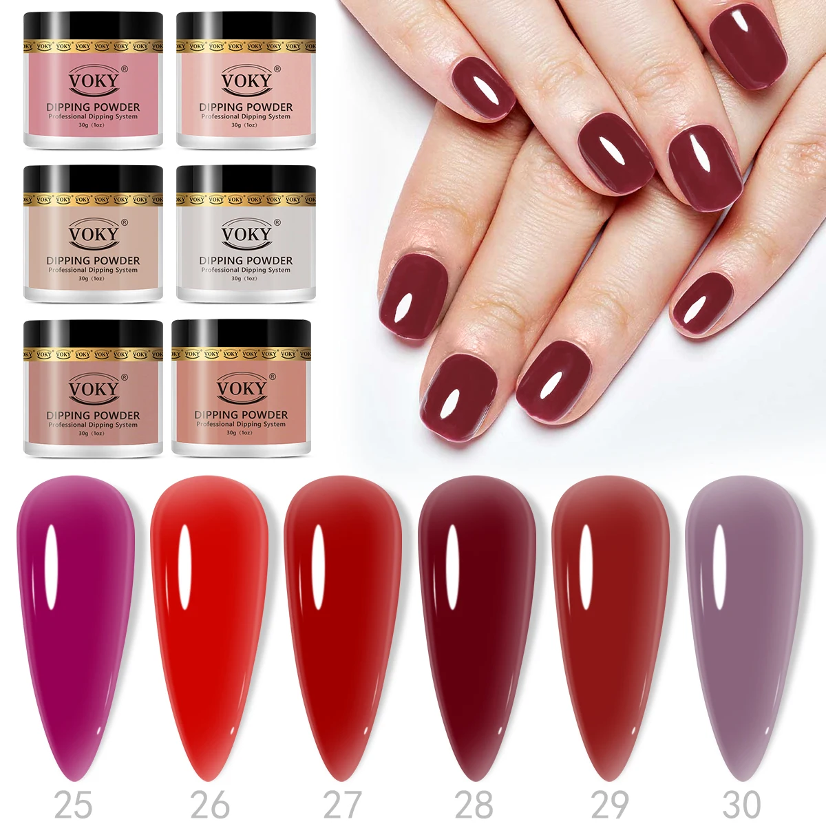 VOKY-Poudre à ongles acrylique longue durée, durcissement sans lampe, végétarien, finition haute brillance, renforce les ongles, 180g, 6 pièces