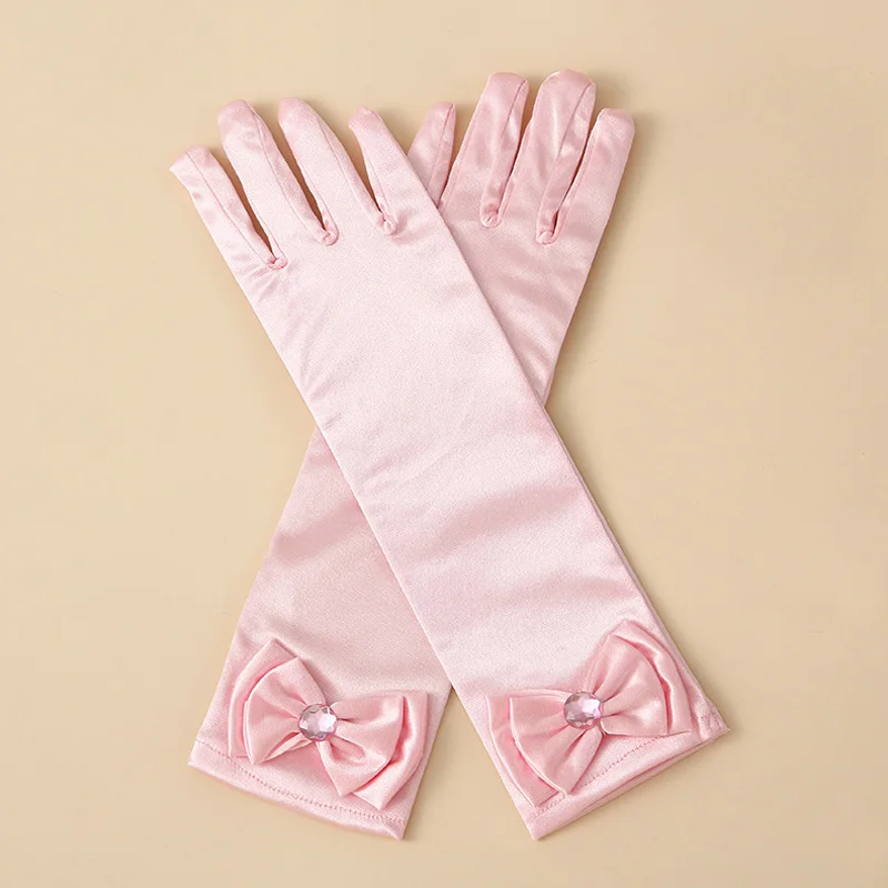 Bowtie Half Long Gloves Satin Pearl Mittens Kids Girls Children\'s Day Birthday Gifts Princess Dance Stage Performance Gloves