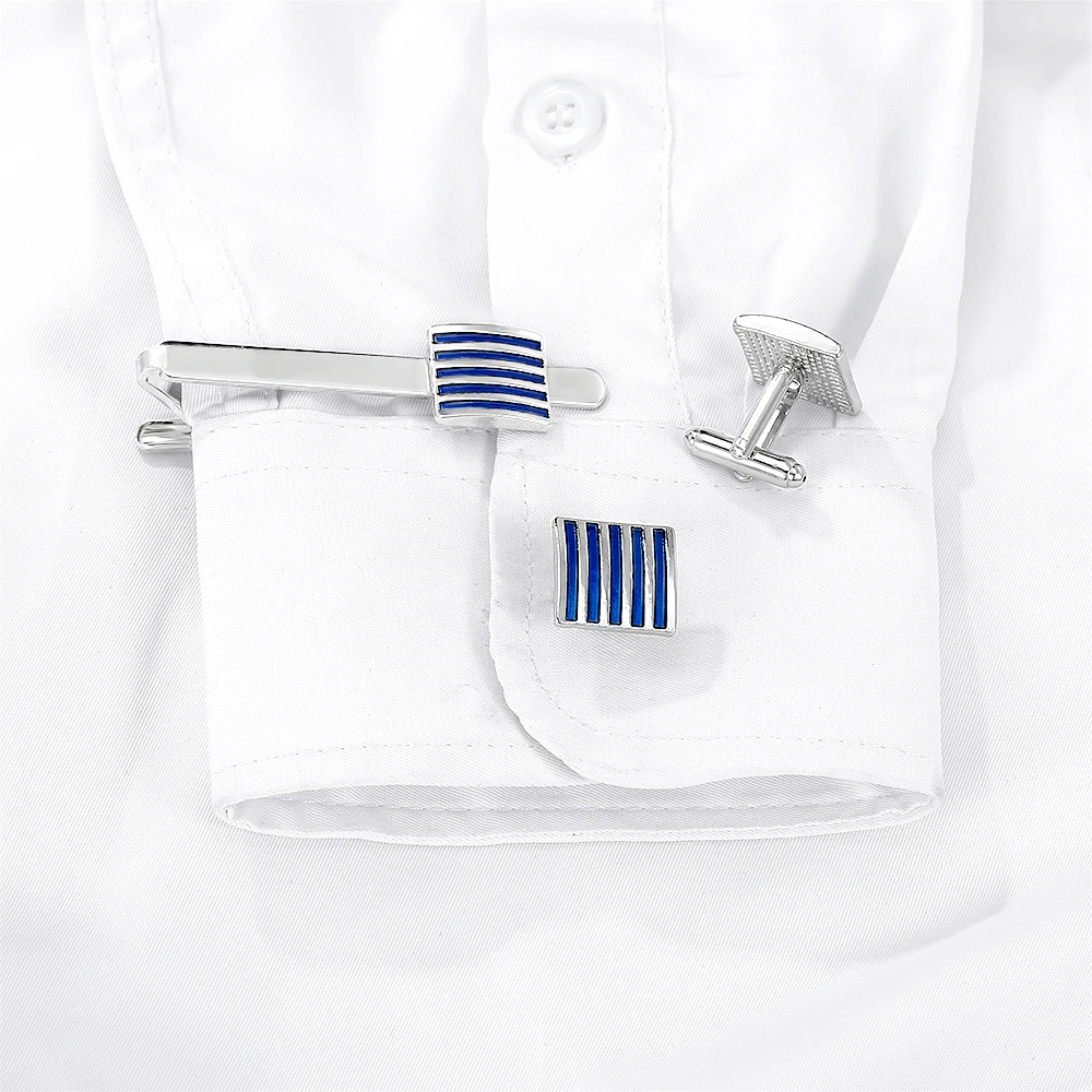 Classic Mens Blue Stripe Lines Design Square Cufflinks&Tie Clip Set Grooms Shirt Suit Tuxedo Blouse Accessories