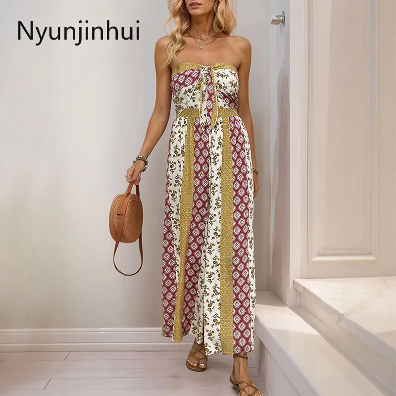 2025 신상 유럽 및 미국 여성 의류 휴가 스타일 민소매 튜브탑 기하학 프린팅 점프수트