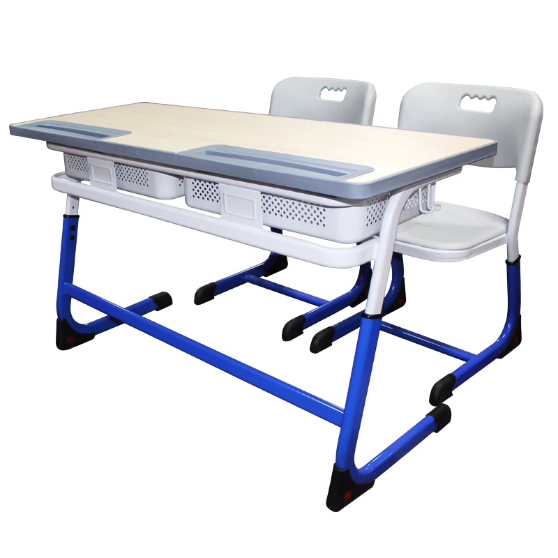 Modern Commercial Metal Combination Height Adjustable Desk and Chair Set Double Seat School Furniture