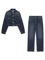 TRAFZA 2024 Women's Street Fashion Denim Suit Long Sleeve Lapel Buttons Heart Pattern Jacket+High Waist Straight Jeans Retro Set