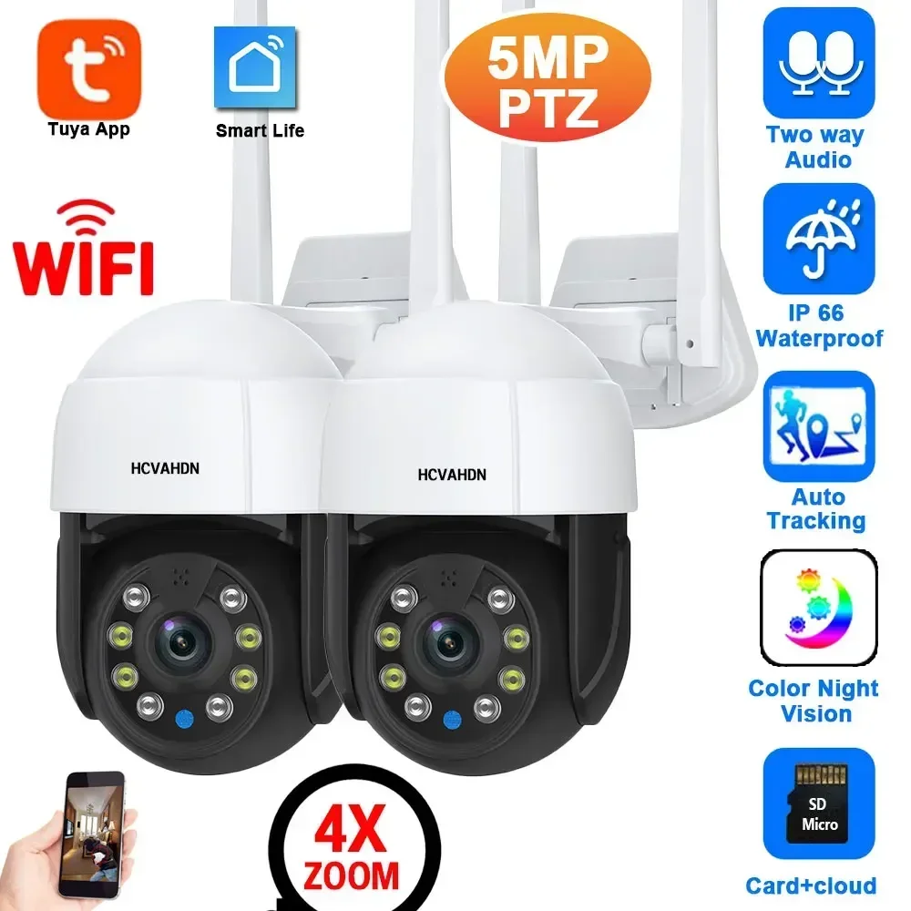 Caméra de Surveillance extérieure PTZ IP Wifi hd 5MP (Full Color), dispositif de sécurité sans fil, avec Vision nocturne et suivi automatique, Tuya