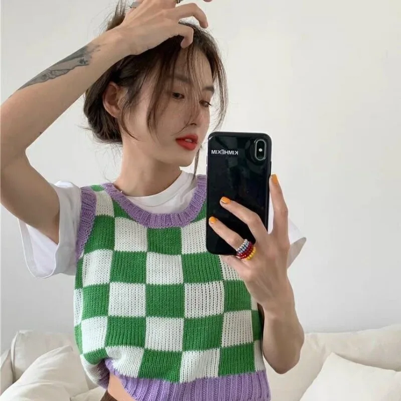 Y2k Clothes Cropped Knit Tops Sleeveless T-shirts Summer Women Checkered Tank Top Design Lightweight Streetwear Pullover