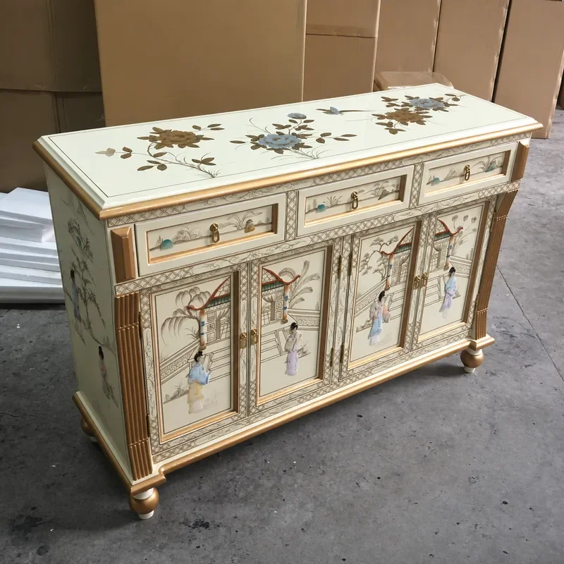 Three Bucket Four Door Cabinet Porch Entrance Foyer Decorative Storage Unit Painted Furniture with Inlaid Shells