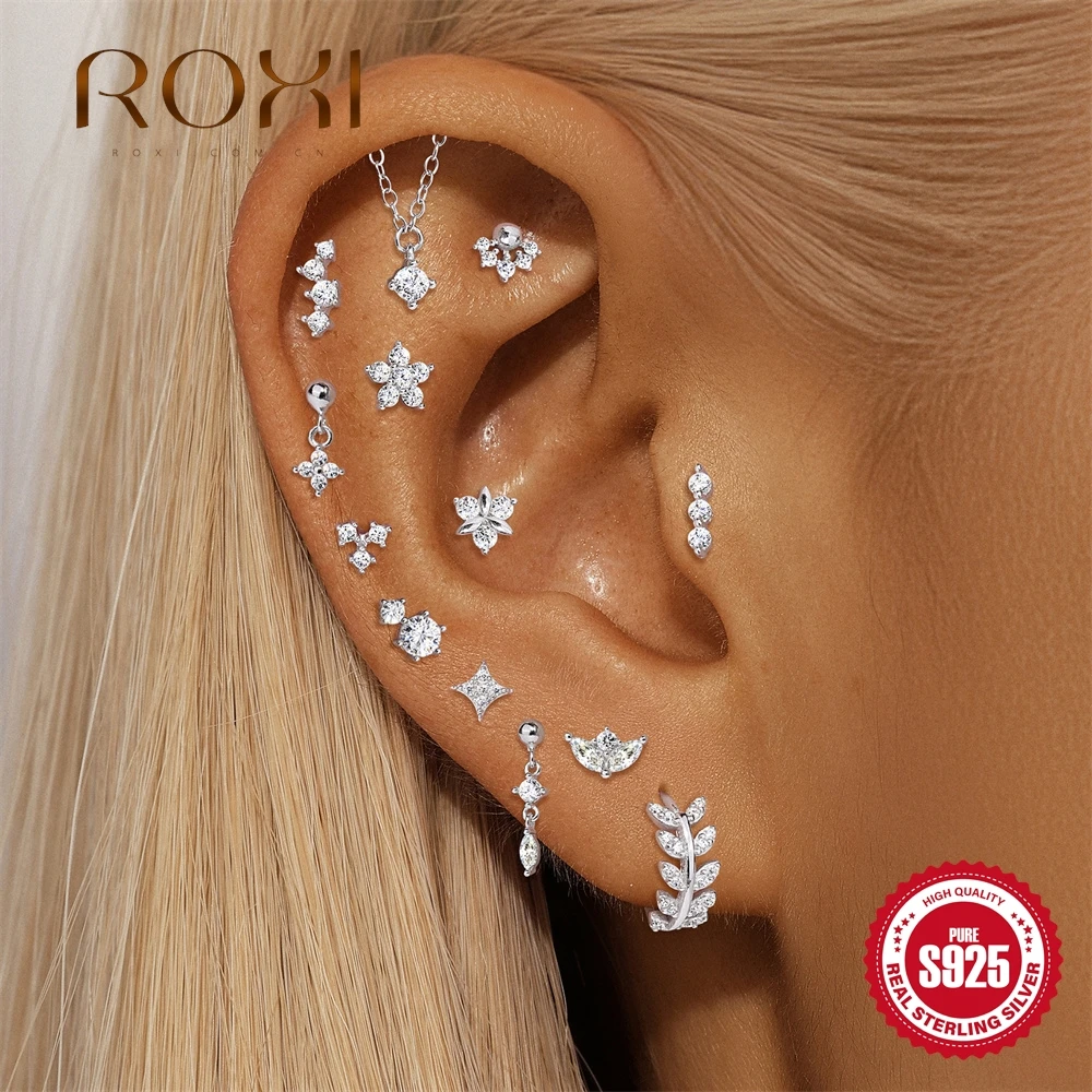 

ROXI Moissanite 925 Sterling Silver Flower Tassel for Women Flat Back Piercing Earring Stud Helix Star Earring Fine Jewelry Gift