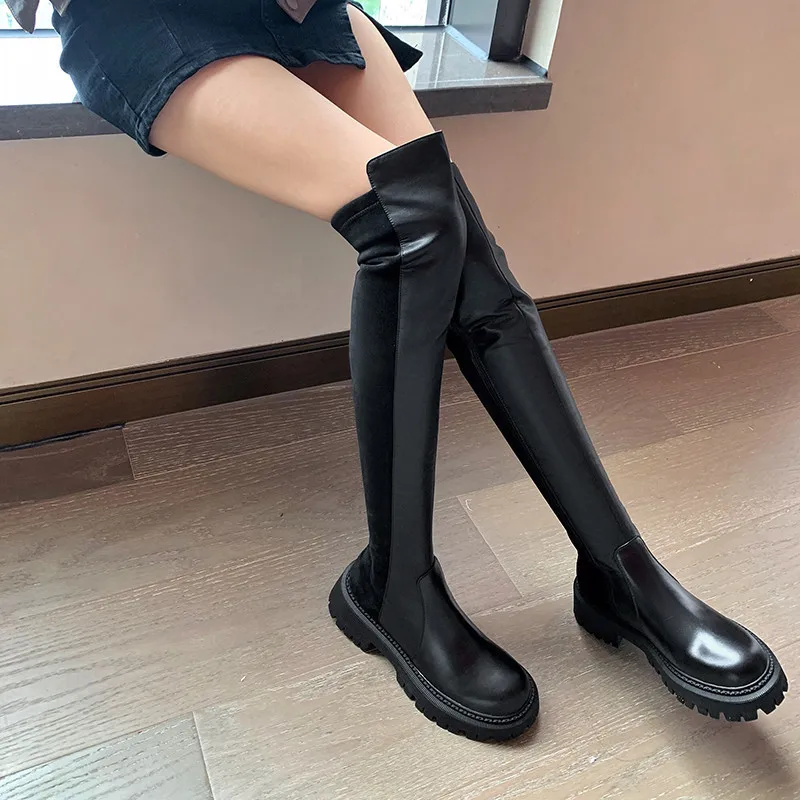 FEDONAS New Arrival Women Over The Knee High Boots Fashion Platforms Punk Style Splicing Genuine Leather Thick Heels Shoes Woman