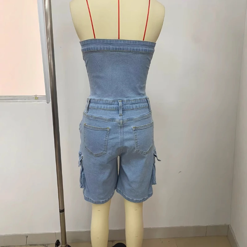 Damen Denim Jumpsuits Einteiler Trägerlos Ärmellos Jeans Overalls Hosen Strampler Y2k Streetwear Kurze Jumpsuits mit Taschen