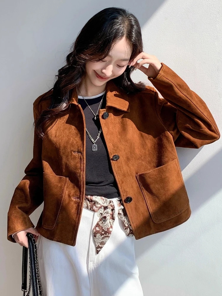 แจ็คเก็ตหนังแท้สไตล์วินเทจสำหรับผู้หญิง ฤดูใบไม้ร่วง ฤดูหนาว 2025 รุ่นใหม่ ระดับไฮเอนด์ เรียบง่าย สบายๆ ทำจากหนังแพะแท้
