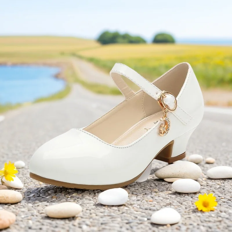 Zapatos de cuero de tacón alto para niñas, sandalias de baile para espectáculo de estudiantes, vestido de rendimiento, princesa blanca, 28-41