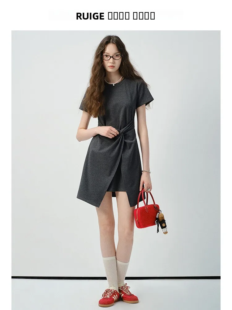 라운드넥 타이 웨이스트 숏 드레스 슬리밍 A라인 스커트 플러스 사이즈 여성 여름 출퇴근 스타일 하이웨이스트 반팔 드레스