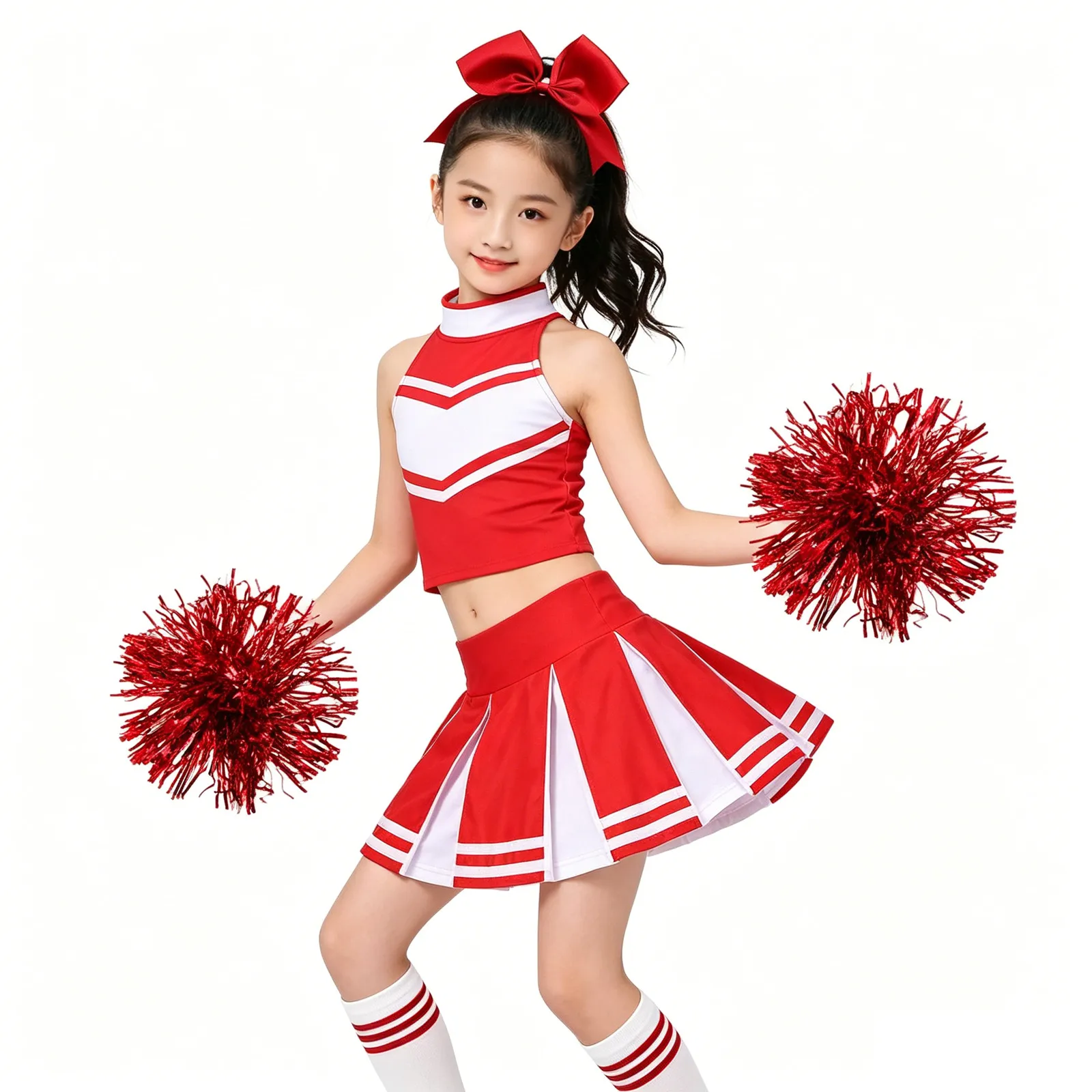 Kids Girls Cheerleading Costume Set Zippered Tops Pleated Skirt with 1Pc Bowknot Headwear 2Pcs Hand Flowers Striped Tube Socks