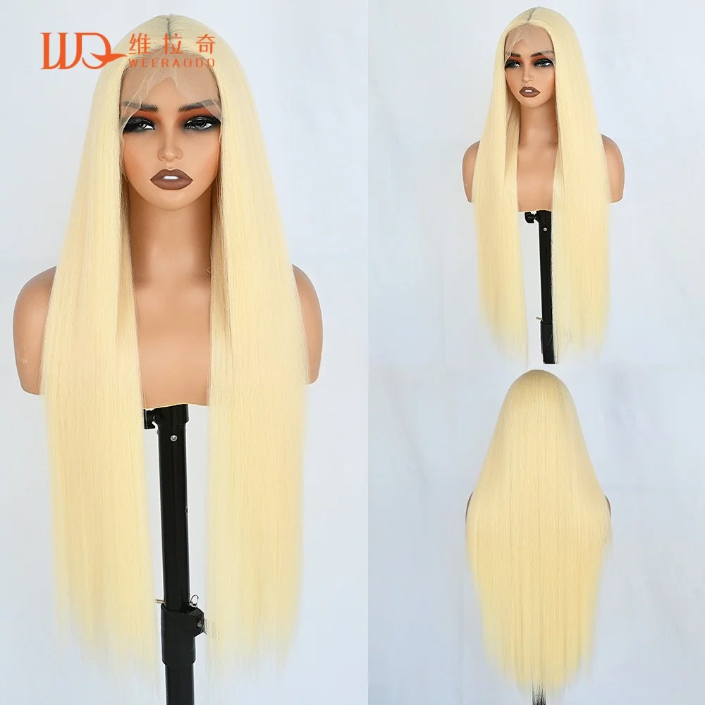 32 Inch Light Blonde Straight Wig T Part Lace Front Glueless Wig Heat Resistant Synthetic Hair Wig 150 Density Natural Look