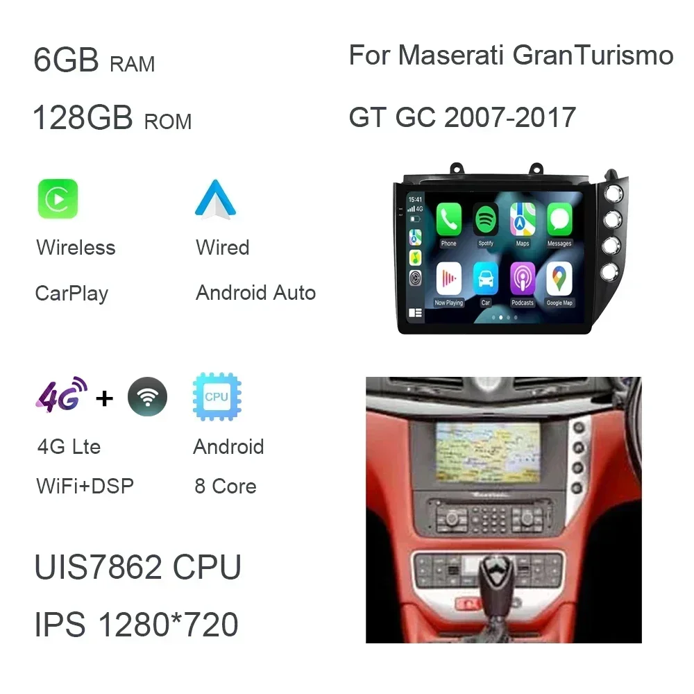 IPS 1280*720 Carplay 10.4" Android 13.0 6GB+128GB Car DVD Player GPS WIFI Radio For Maserati GranTurismo GT GC 2007- 2017 image 3