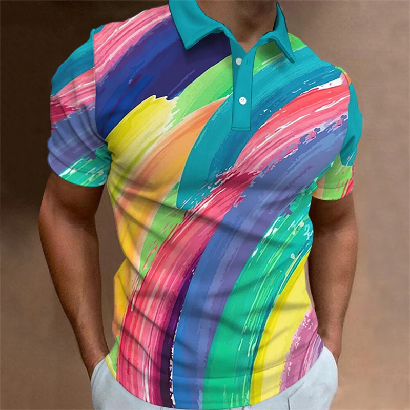 3D Color Graffiti Stripe Print Polo Shirt For Men Fashion Lapel Short Sleeve Shirts Oversized Casual Golf Blouse Buttons Tops