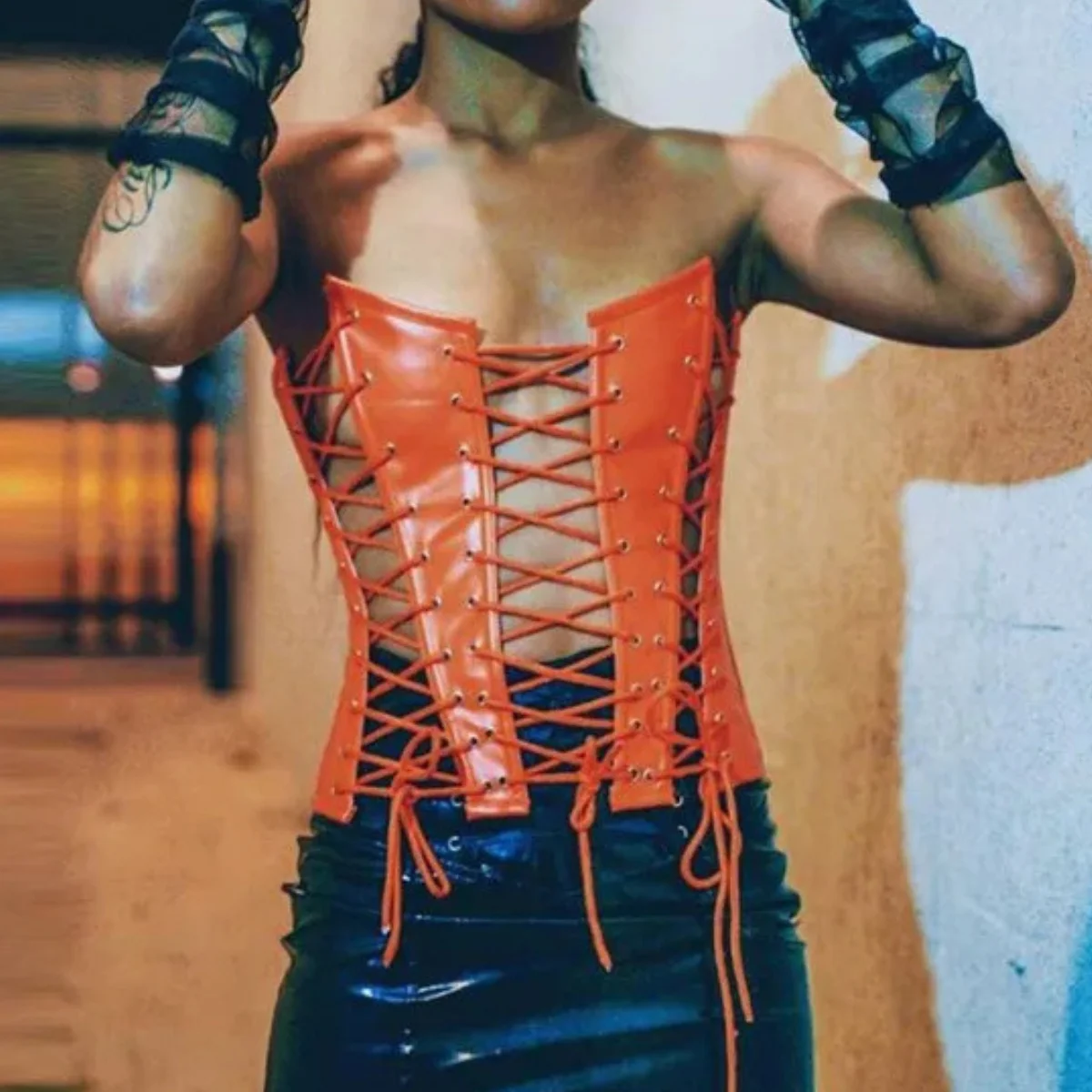 

Hollow Out Bandage Corset Y2k Tank Tops Woman Cami Bustier Gothic PU Leather Corsets Slim Asymmetric Crop Tops Curve Shaper Vest