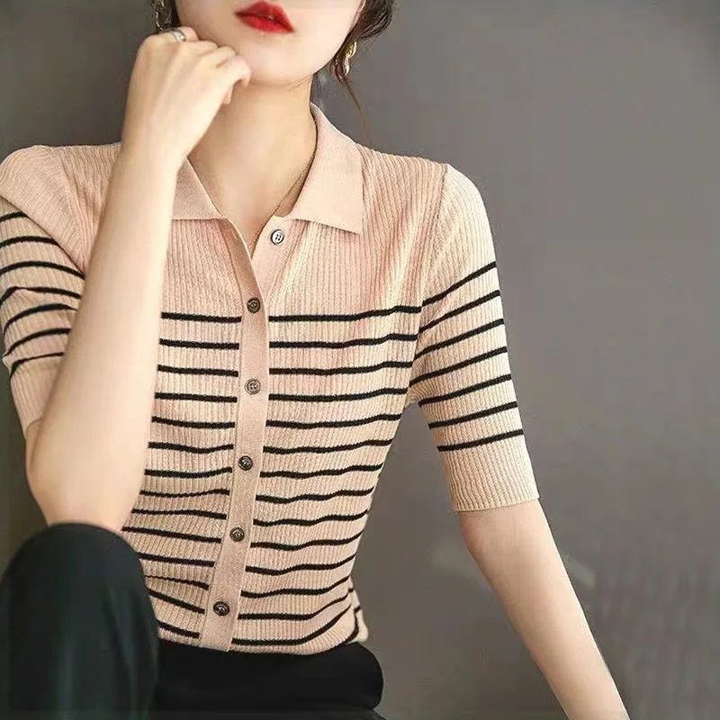 قميص بولو نسائي مخطط بأكمام قصيرة من Boweylun ، كارديجان كاجوال منسوج ، مريح ، جيد التهوية ، صيفي ، جديد