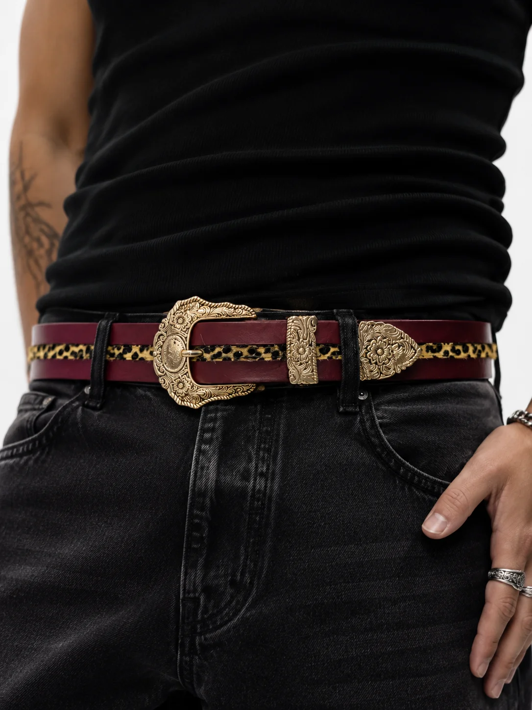 Retro Leopard Print Belt with Floral Engraved Buckle, Vintage Western Statement Belt, Dark Brown Leather Style Waist Belt for Tr