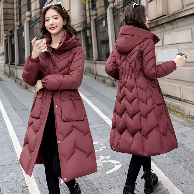 Winter Long Quilted Puffer Jacket Women Hooded Slim Cotton-Padded Jacket Warm Thick Parka Windproof Trench Coat Long-Sleeve Top