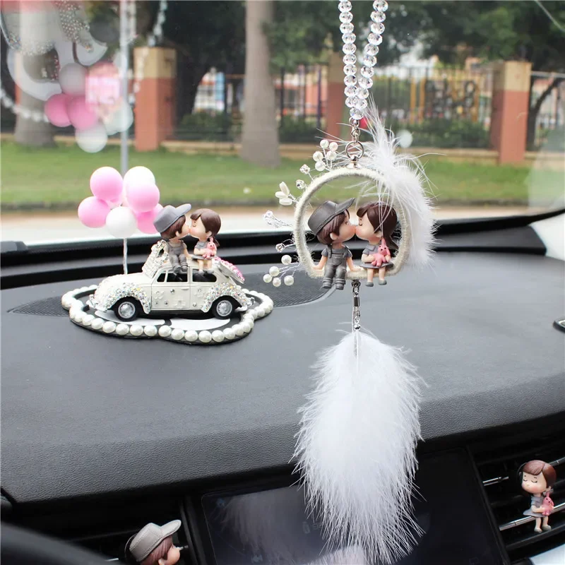 Diamond Couple Figures Car Interior Pendant Gadget Auto Rearview Mirror Funny Pink Cute Women Decor Dashboard Accessories