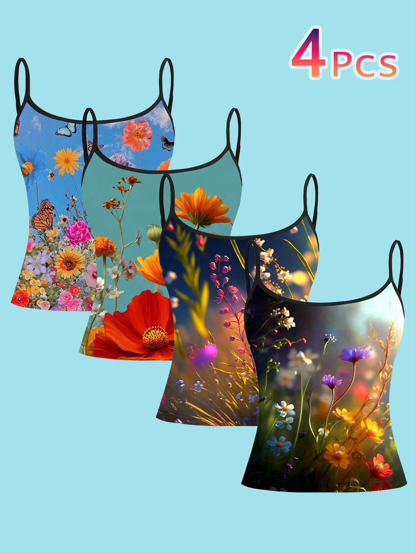 4-Piece Set of Realistic Floral Natural Flower Photography Print Camisole for Women, Featuring Blue Sky, Sunset, Wildflowers, and Butterflies with Natural Light Effects, Thin Straps, Waist-Cinching, Slim-Fit Base Top, Suitable for Cross-Border Vacation Casual Wear, Camisole