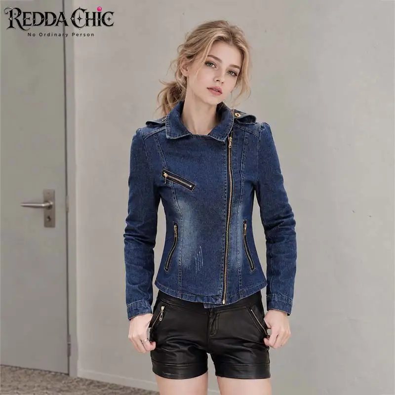 REDDACHiC Women Cropped Denim Jacket Moto Fitted Zip Up Lapel Frayed Washed Long Sleeve Jean Trucker Jackets Vintage Streetwear
