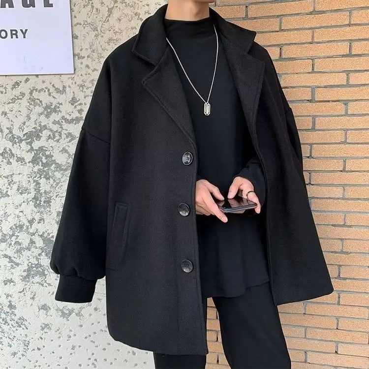 Briti Sle Korean Version Men's Woolen Coat Autumn Winter Mid-Length Loose Cotton Lined Thi Warm Bla Outerwear
