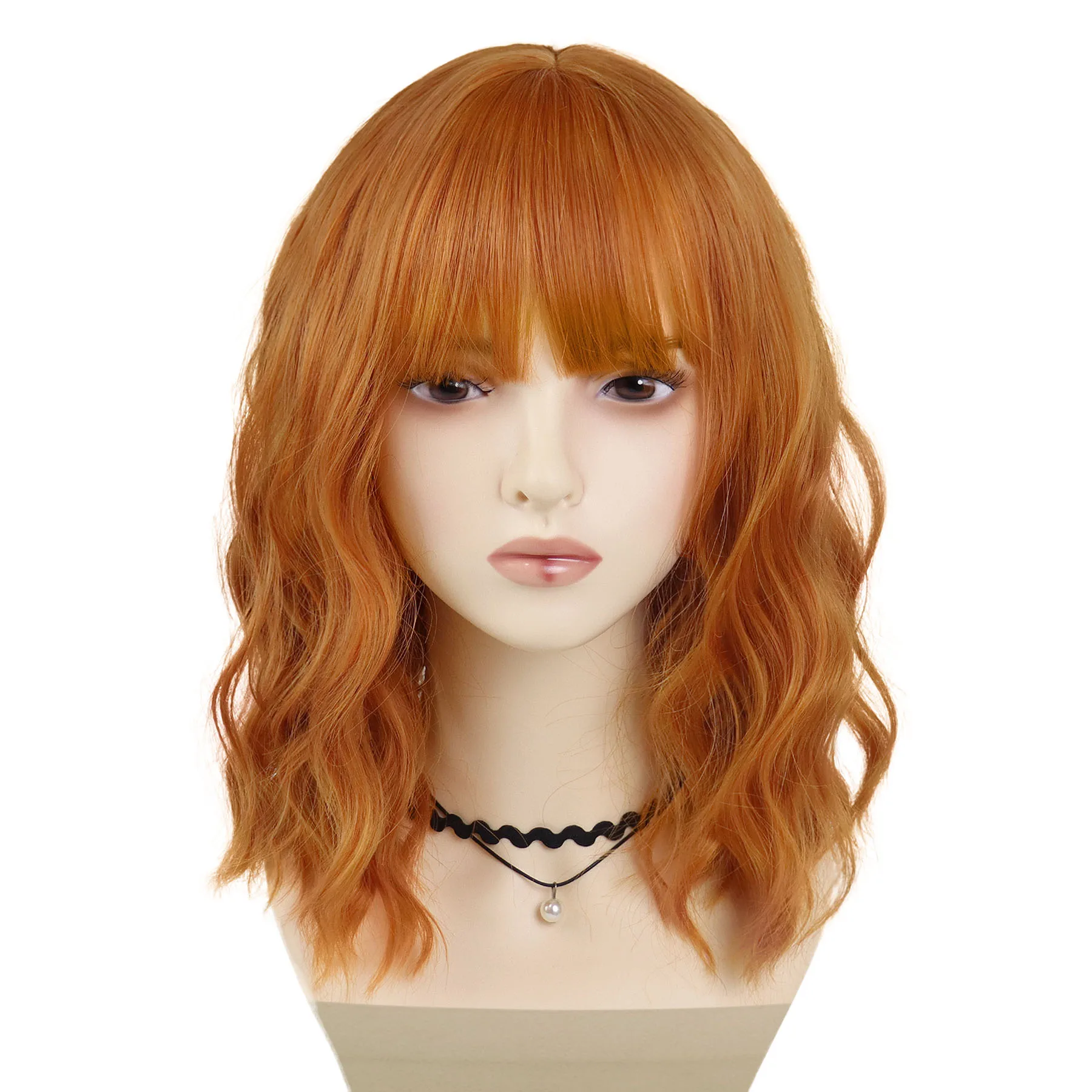 Pelucas de Cosplay naranjas, peluca ondulada corta sintética con flequillo para mujeres y niñas, disfraz de Halloween, fiesta, Navidad, resistente al calor