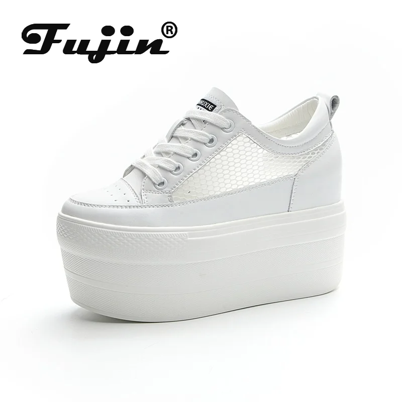 Fujin 12cm Women Summer air mesh Fashion Ins White black Genuine Leather Chunky Sneaker Hollow Breathable Platform Wedge Shoes