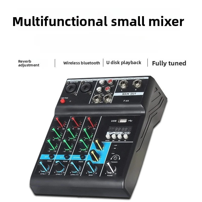 

Professional 4-Channel Sound Mixer Console Mini Audio Mixer Sound Card Computer Input 48v Power USB Computer Record