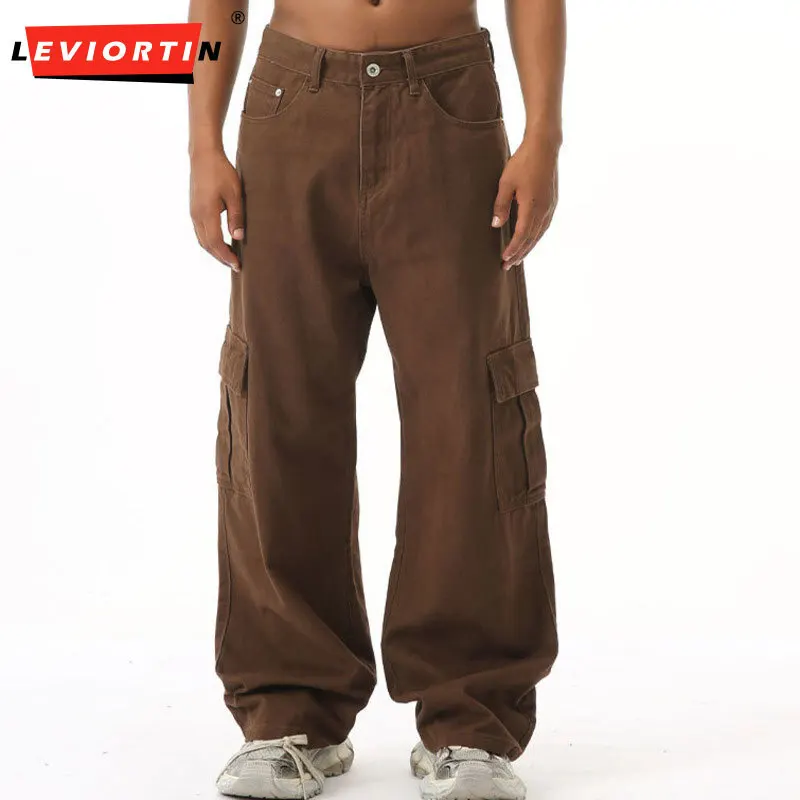 Four Seasons Men's Youthful Trendy American Large Pocket Work Pants Coffee Casual Loose Straight Straight Solid Color Jeans