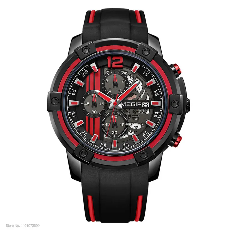 Megir Men's Sports Quartz Watches Army Military Chronograph Wristwatch for Man Luminous Relogios Masculino Clock  2097 Black Red