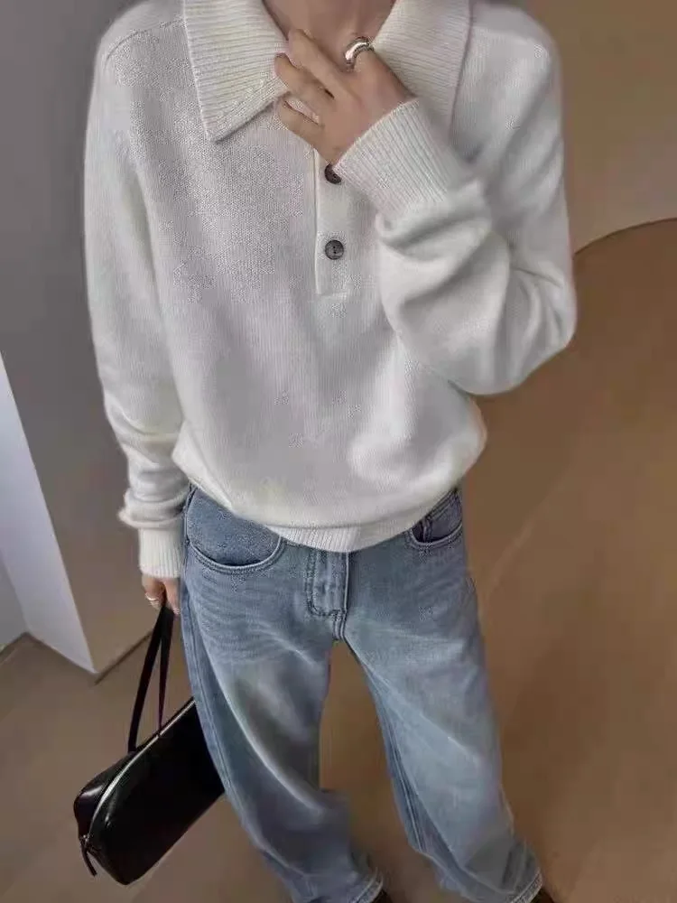 2026 autumn and winter POLO collar 100% pure wool knitwear women's loose sweater top bottom shirt